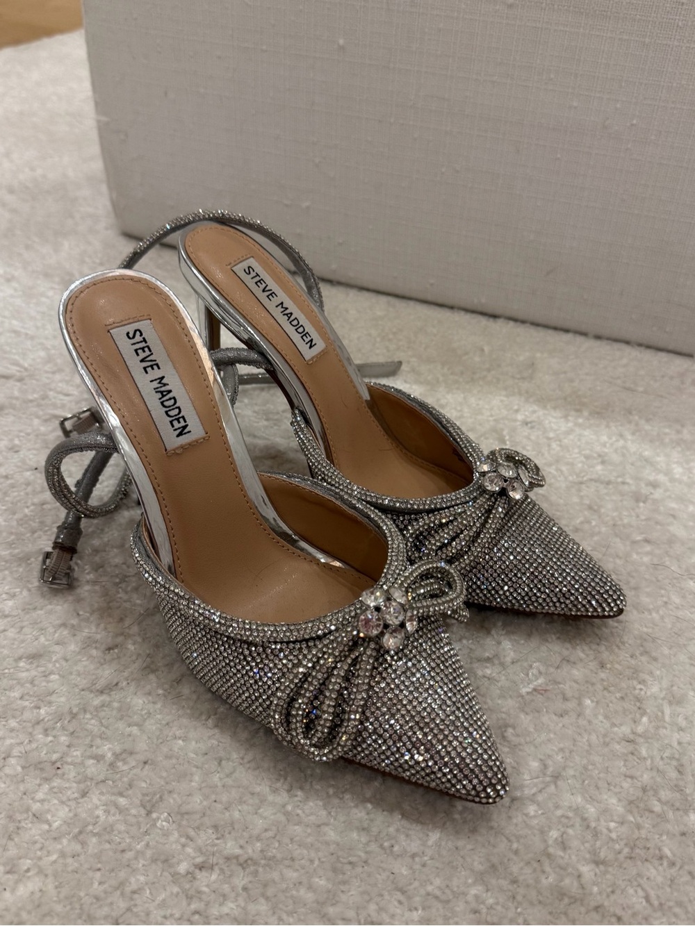 Steve Madden Silver Crystal Bow Pointed-Toe Slingback Heels